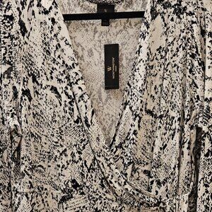 Worthington Wrap-Over Shirred Blouse with Round Hem, Black on White, 1X